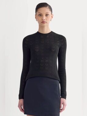 New Everlane THE POINTELLE CREW IN ULTRASOFT MERINO Black Size S